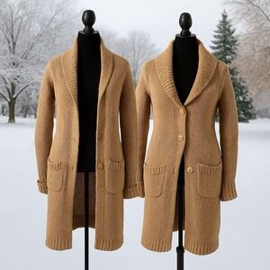 🧶 Express Camel Long Open-Front Cardigan – Boho Y2K Chic – Women's X-Small